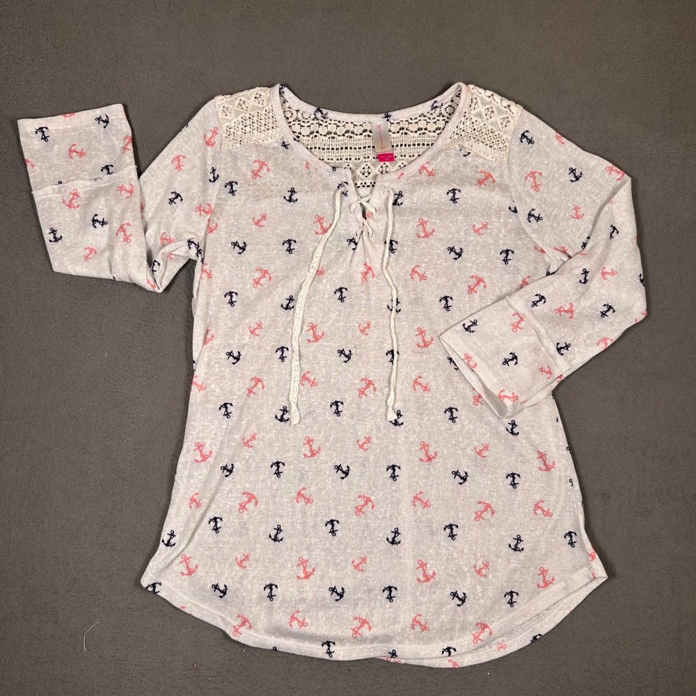 No Boundaries Top Womens XXL White Anchor Print Lace Up Crochet Yoke 3/4 Sleeve